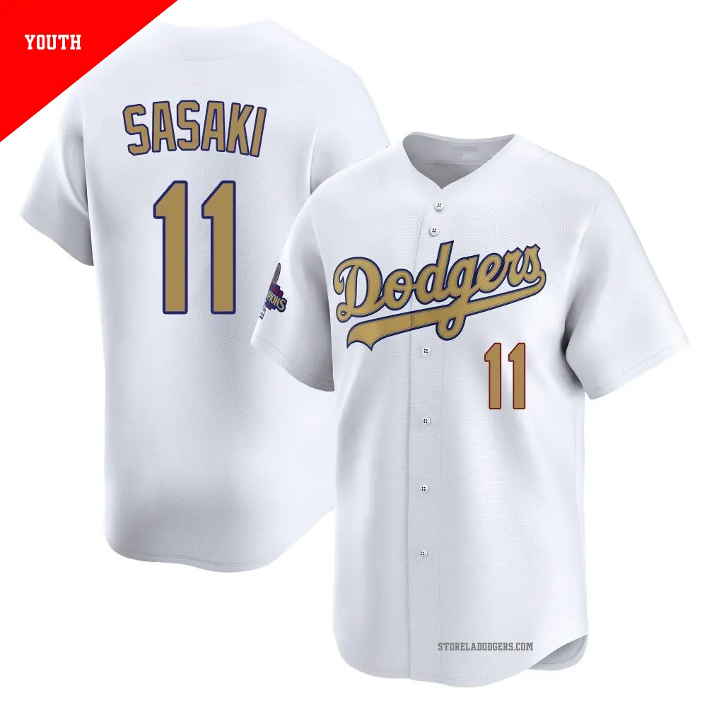 Youth ＃11 Roki Sasaki Los Angeles Dodgers Gold Limited White 2025 Collection Jersey