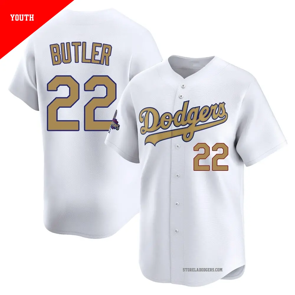 Youth ＃22 Brett Butler Los Angeles Dodgers Gold Limited White 2025 Collection Jersey