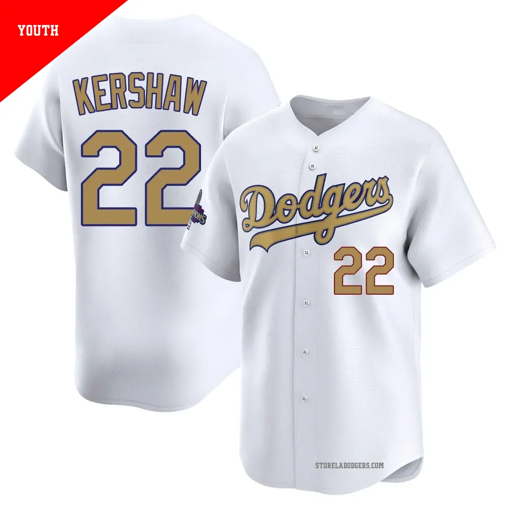Youth ＃22 Clayton Kershaw Los Angeles Dodgers Gold Limited White 2025 Collection Jersey