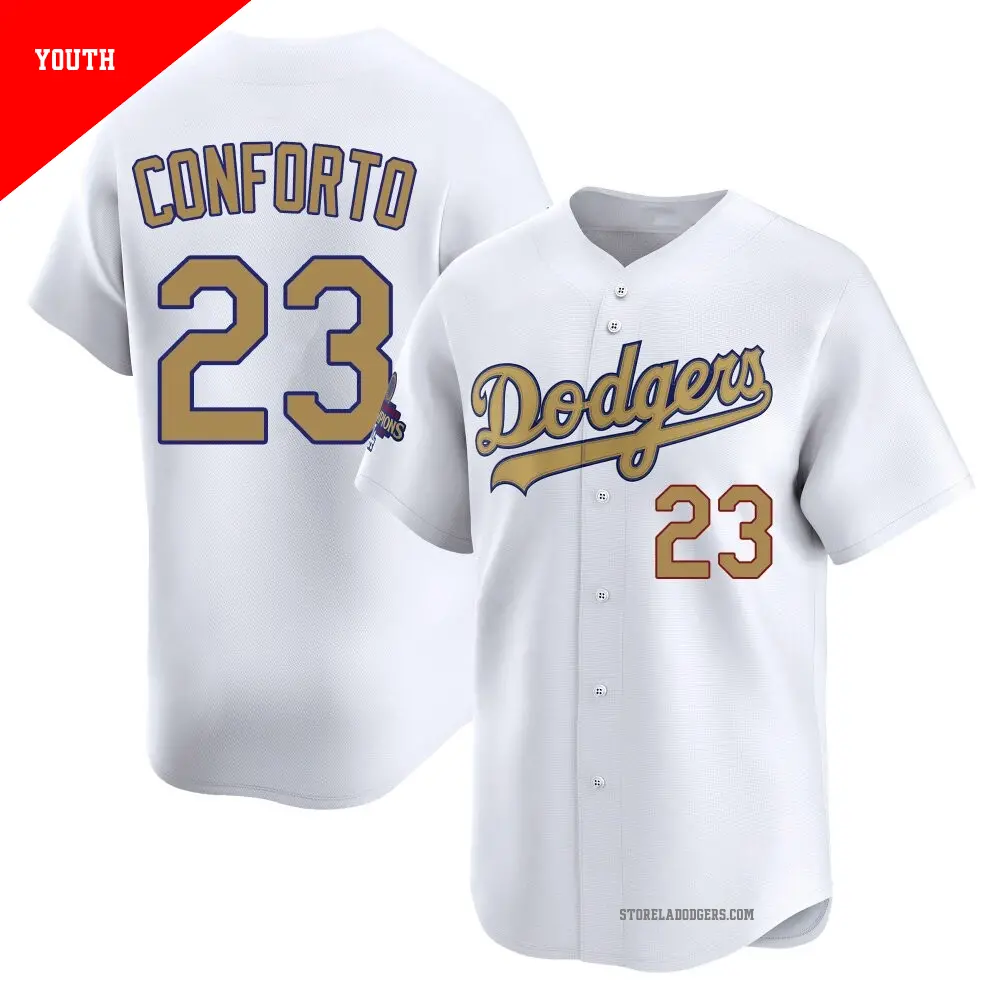 Youth ＃23 Michael Conforto Los Angeles Dodgers Gold Limited White 2025 Collection Jersey