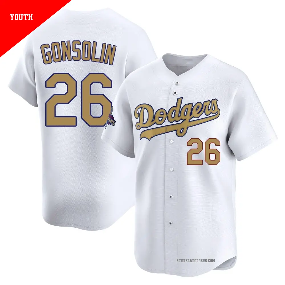 Youth ＃26 Tony Gonsolin Los Angeles Dodgers Gold Limited White 2025 Collection Jersey