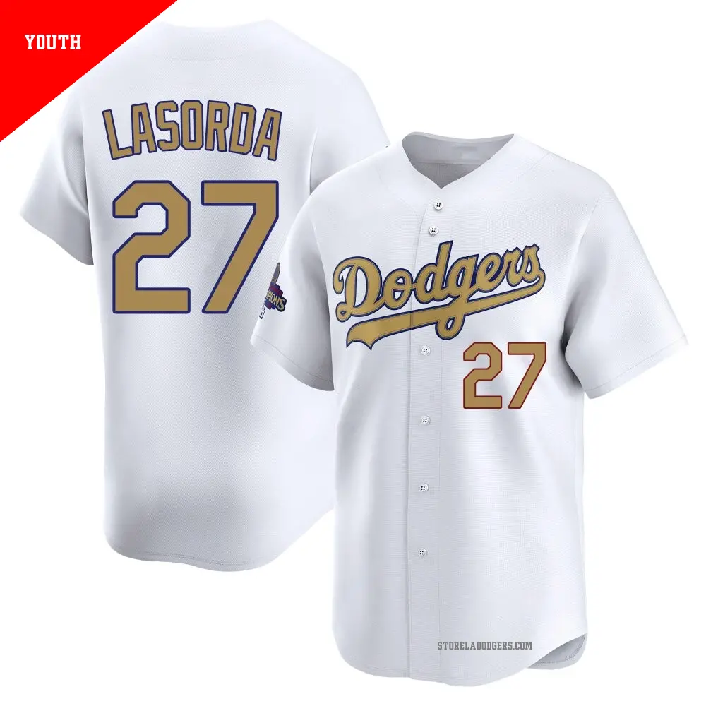 Youth ＃27 Tommy Lasorda Los Angeles Dodgers Gold Limited White 2025 Collection Jersey