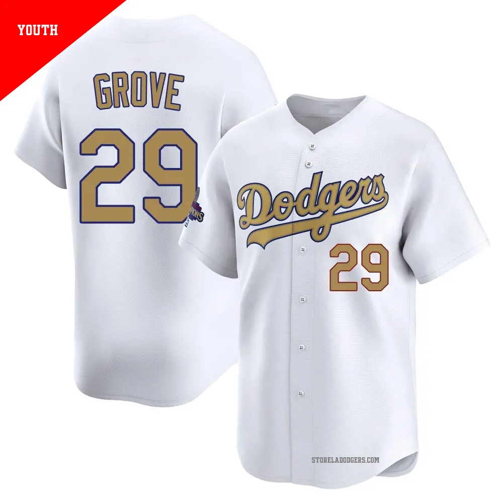 Youth ＃29 Michael Grove Los Angeles Dodgers Gold Limited White 2025 Collection Jersey