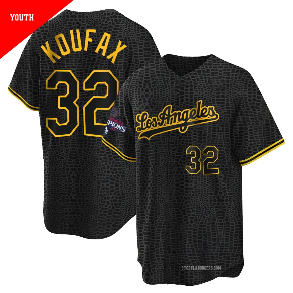 Youth ＃32 Sandy Koufax Los Angeles Dodgers Black Replica Snake Skin City 2024 World Series Champions Jersey