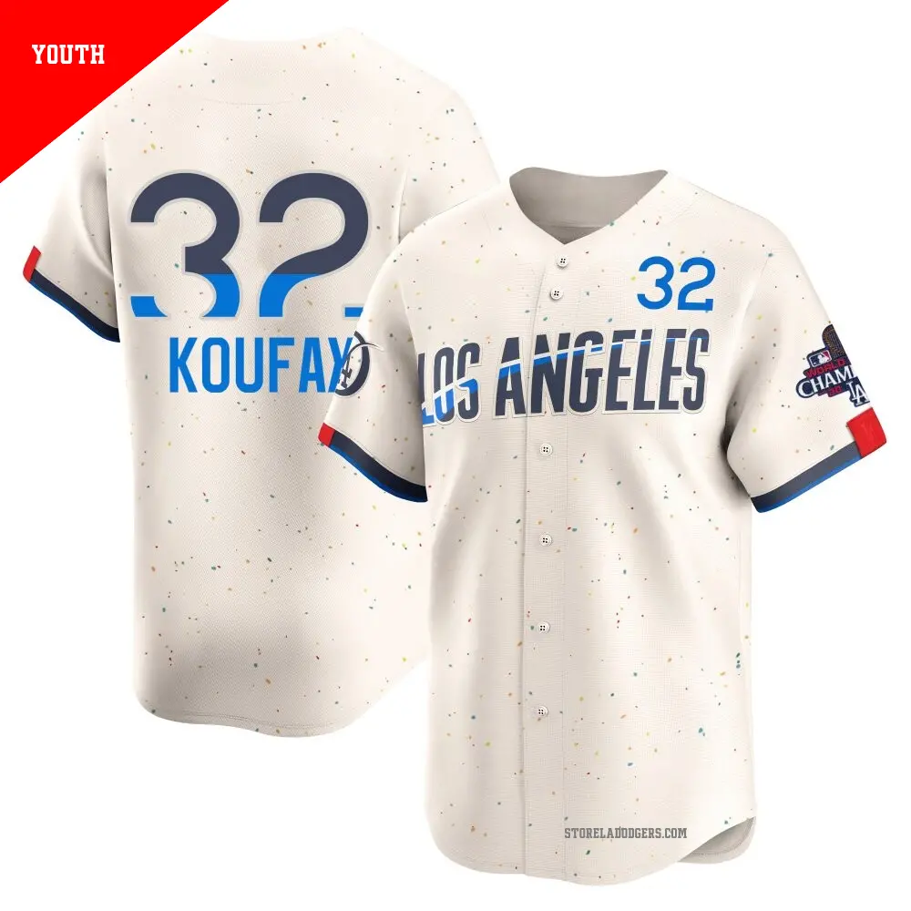 Youth ＃32 Sandy Koufax Los Angeles Dodgers Cream Limited 2024 City Connect World Series Champions Jersey