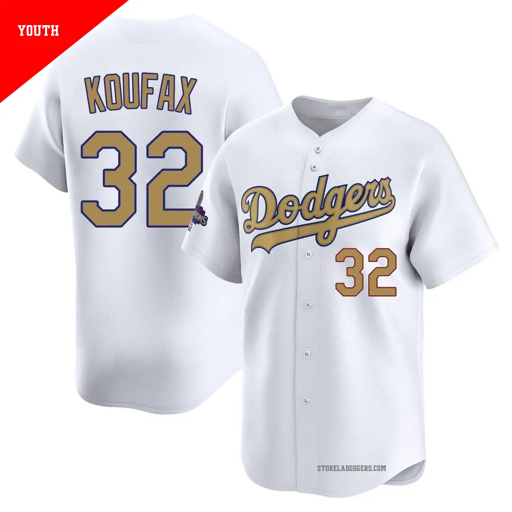 Youth ＃32 Sandy Koufax Los Angeles Dodgers Gold Limited White 2025 Collection Jersey