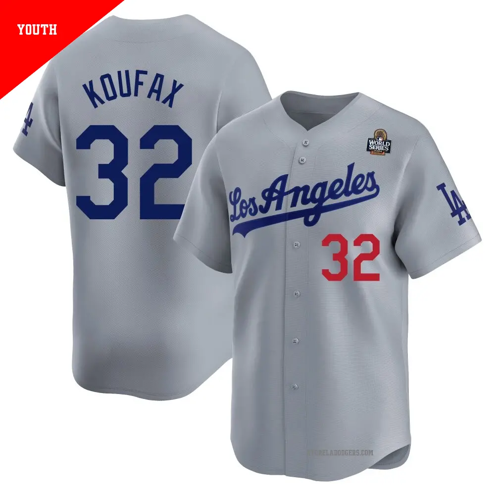 Youth ＃32 Sandy Koufax Los Angeles Dodgers Gray Limited Away 2024 World Series Jersey