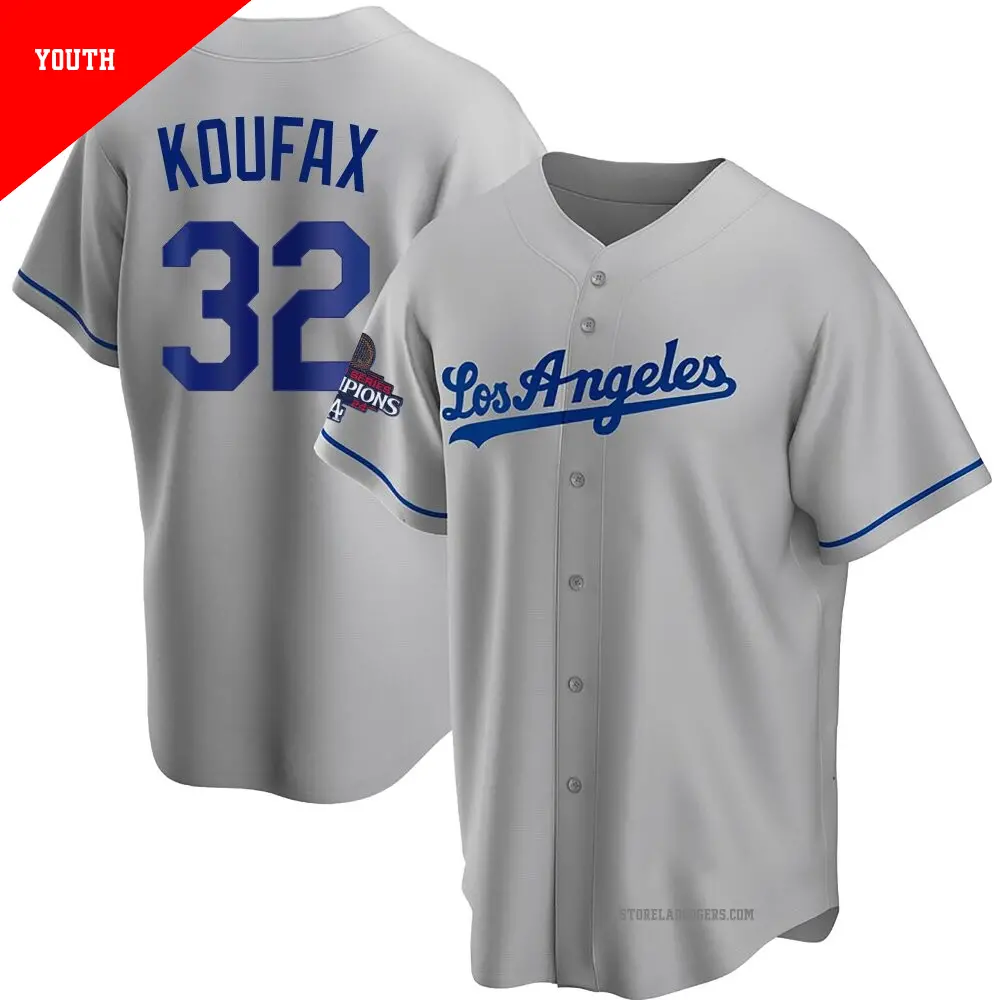 Youth ＃32 Sandy Koufax Los Angeles Dodgers Gray Replica Road 2024 World Series Champions Jersey