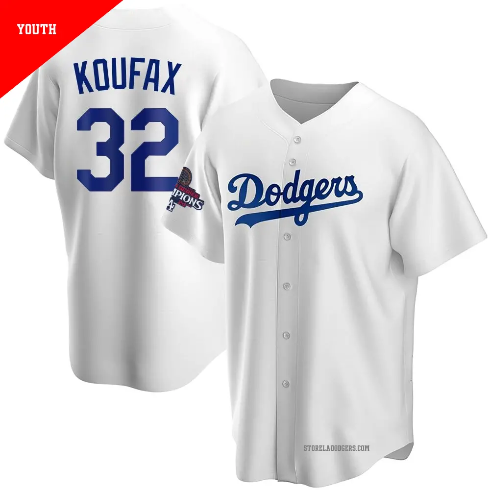 Youth ＃32 Sandy Koufax Los Angeles Dodgers White Replica Home 2024 World Series Champions Jersey