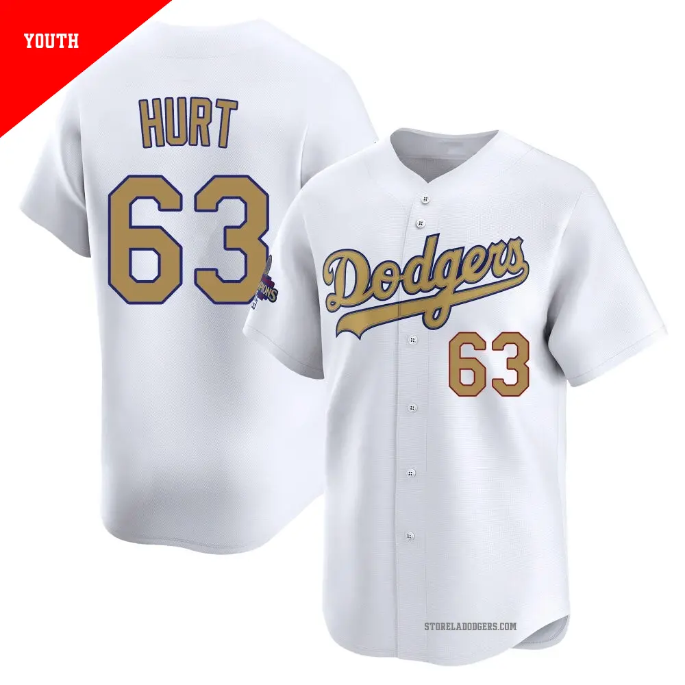 Youth ＃63 Kyle Hurt Los Angeles Dodgers Gold Limited White 2025 Collection Jersey