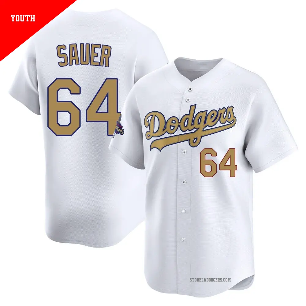 Youth ＃64 Matt Sauer Los Angeles Dodgers Gold Limited White 2025 Collection Jersey