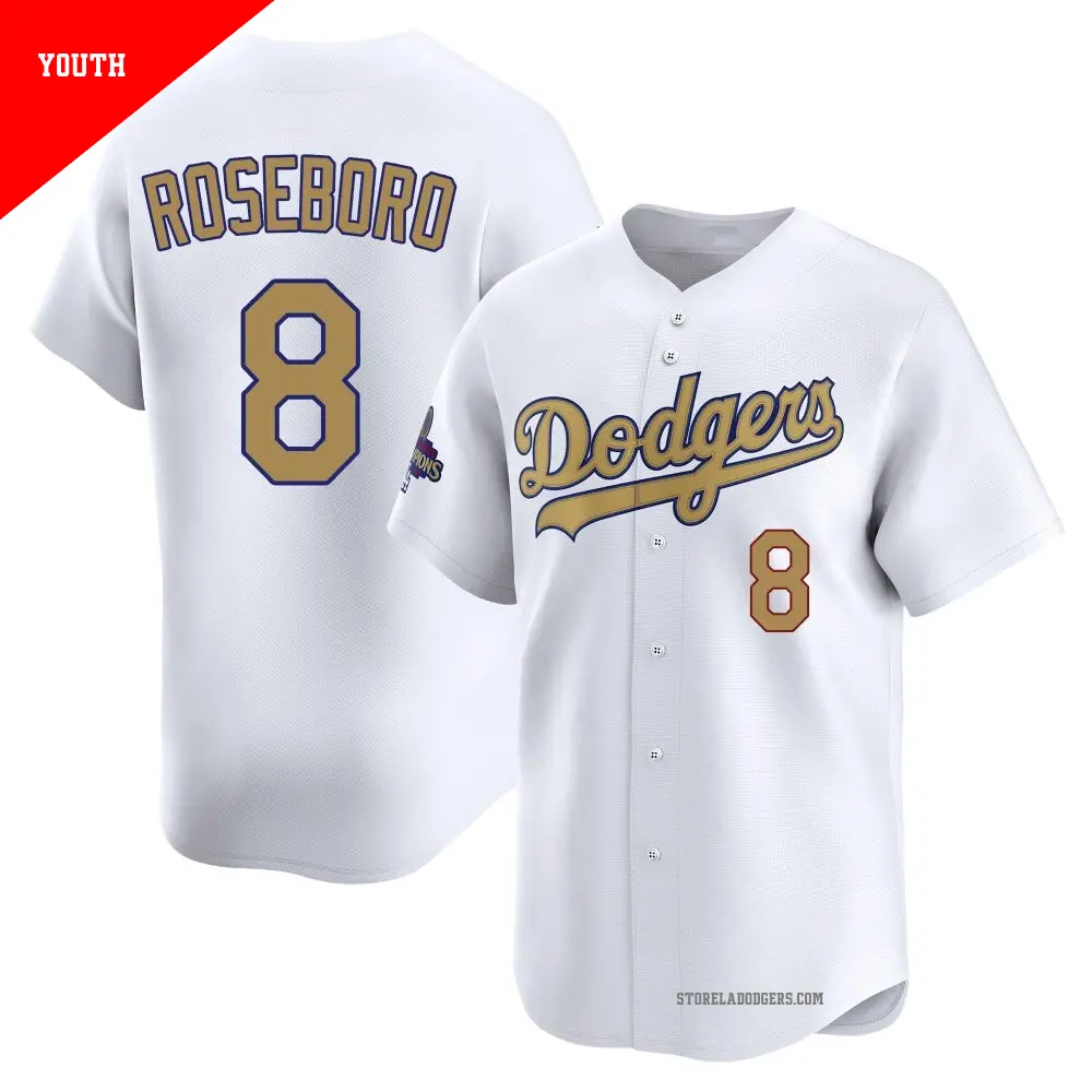 Youth ＃8 John Roseboro Los Angeles Dodgers Gold Limited White 2025 Collection Jersey